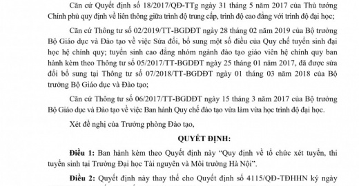 Quy định tổ chức xét tuyển, thi tuyển sinh tại trường Đại học Tài nguyên Môi trường Hà Nội